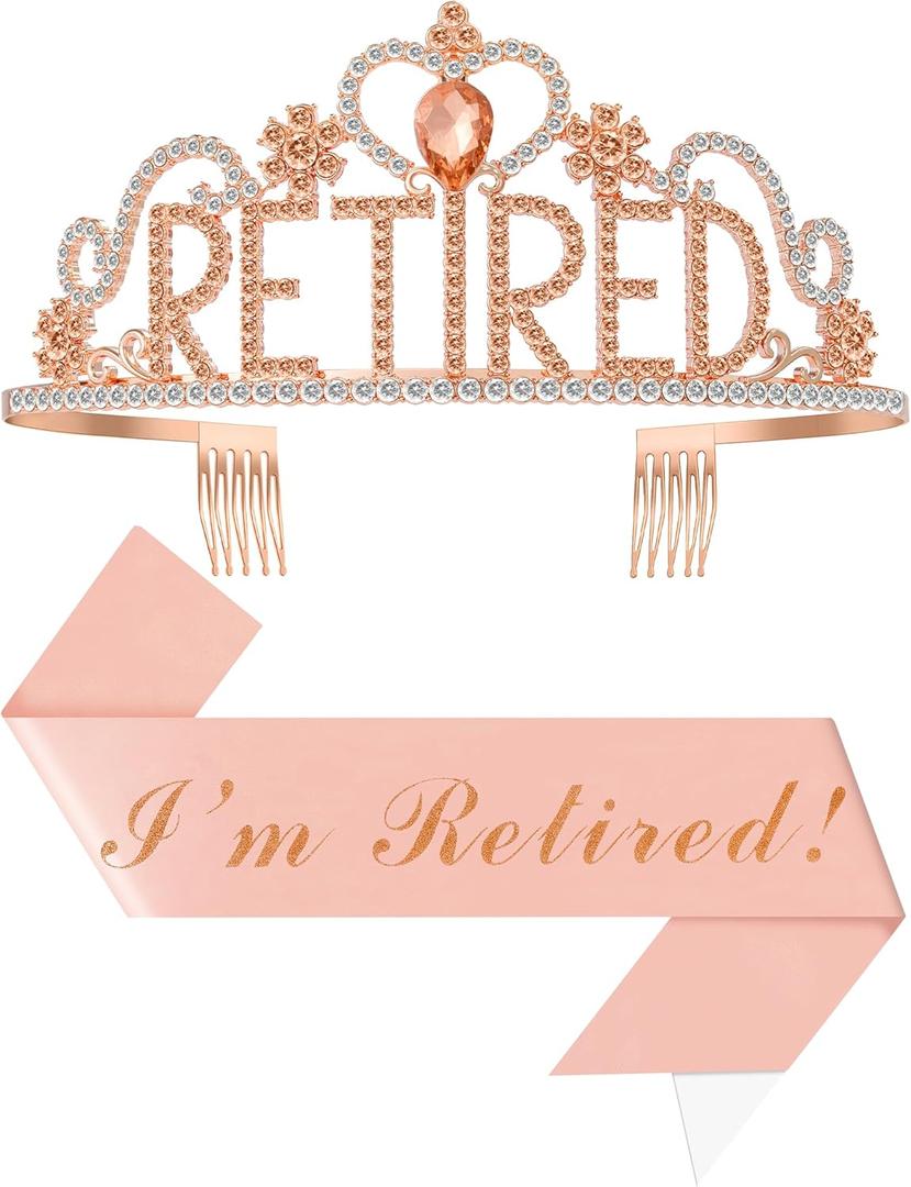Retirement Party Decorations with Tiara and Sash for Women, Happy Retired Crown and Sash for Gift