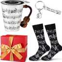 Tioncy 4 Pcs Music Lover Teacher Gifts, Music Coffee Mug Cup with Lid, Note Socks, Keychain, Red Gift Box for Graduation Birthday Christmas Students Men Women Band Teacher Musician(Violin)