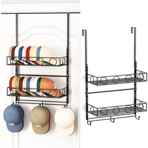 Over Door Hat Organizer 3 Tier Wall Mounted Hat Rack with 2 Adjustable Metal Basket and 3 Hooks Hat Organizer for Baseball caps Hat Hanger Holder Display for Door Closet, Cap Organizer Storage (Black)