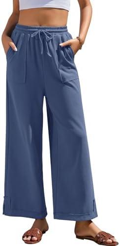 grewley Womens Wide Leg Pants Baggy Palazzo Pants Casual Loose Drawstring Elastic Waisted Lounge Trousers with Pockets, S
