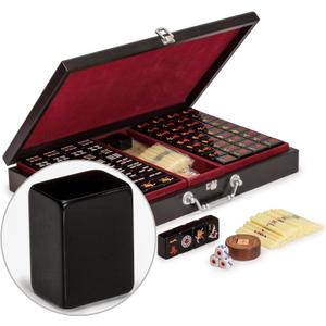 Yellow Mountain Imports Chinese Mahjong Game Set, Jet Set - with 148 Small-Size Black Tiles and Wooden Case, Wooden Spinner, Dice, and Scoring Sticks (for Chinese Style Game Play)