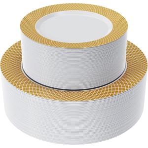 FOCUSLINE Gold Plastic Plates Set of 102, Disposable Plates with Gold Grid Rim 51 Dinner Plates 10" and 51 Salad Dessert Appetizer Plate 7", Elegant Fancy Heavy Duty Wedding Party Plate