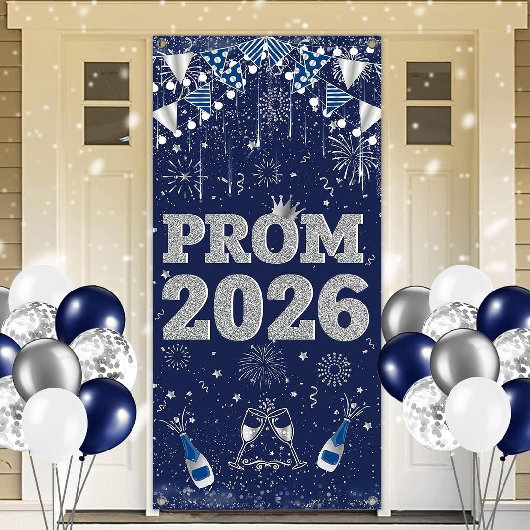 Prom Send off Decorations 2026 Door Banner, Royal Blue and Silver Prom Banner with Balloons, Front Porch Send Off Sign 2026 for High School College Graduation Party Decor