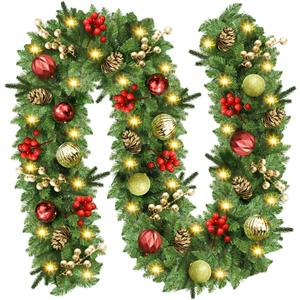 Christmas Garland with Lights, 9FT Prelit Christmas Garland Battery Operated Christmas Wreath with Pine Cones, Red Berries, Artificial Xmas Garland for Mantle, Fireplace, Stairs, Outdoor Decorations (Green)