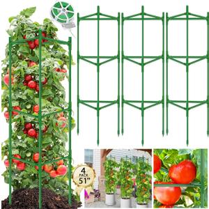 Tomato Cages for Garden 4 Packs - Heavy Duty Steel Tomatoes Cage Tall Up to 51in & 164Ft Twist Tie, Tomato Plant Stakes Support Cages Trellis for Pots Plants Garden