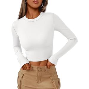 Trendy Queen Womens Long Sleeve Crop Tops Basic Ribbed Slim Fitted Shirts Casual Fall Fashion Y2k Teen Girl Clothes, Size S