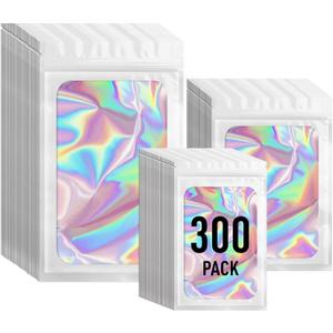 ANZNKU 300 Pack 3 Size Resealable Mylar Holographic Bags with Clear Front Window, Smell Proof Packaging Bags Freshie Bag with Zipper for Jewelry, Sample, Food(White,3x4.7in,4x6in,4.7x7.9in)