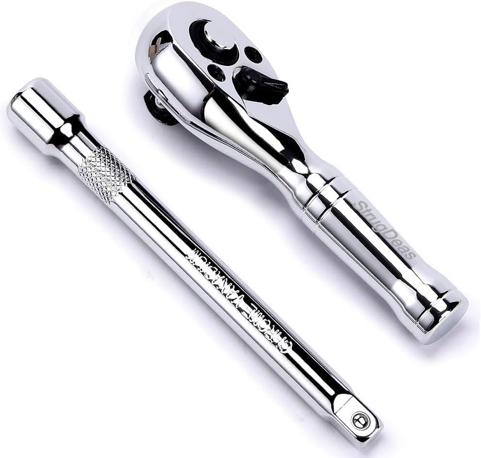 3/8-Inch Drive Ratchet Wrench, 72-Tooth Stubby Quick-Release Socket Wrench with a Extension Bar(5 inch), Reversible Switch, Chrome Alloy Made, Full-Polished Chrome Plating