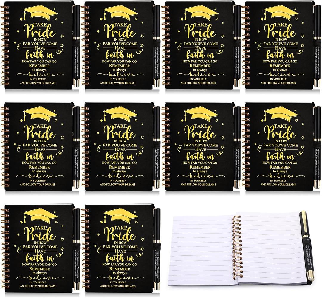 FillTouch 10 Sets 2026 Graduation Gifts Bulk Inspirational Spiral Journal with Motivational Pen Kraft Notebooks Class of 2026 Gifts for College Graduate (Black)