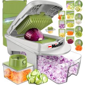 Mueller Pro-Series All-in-One, 12 Blade Mandoline Slicer for Kitchen, Food Chopper, Cucumber Slicer and Spiralizer, Cutter, Dicer, Grater, Gifts for Mom, Kitchen Essentials, White Sand/Green, Pack Of 2