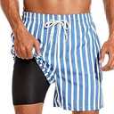 SILKWORLD Quick Dry Mens Swimsuit Trunks with Compression Liner High-end Striped Swim Shorts 5 inch Bathing Suits with Zipper Pockets, Blue&White Vertical Stripes, XX-Large