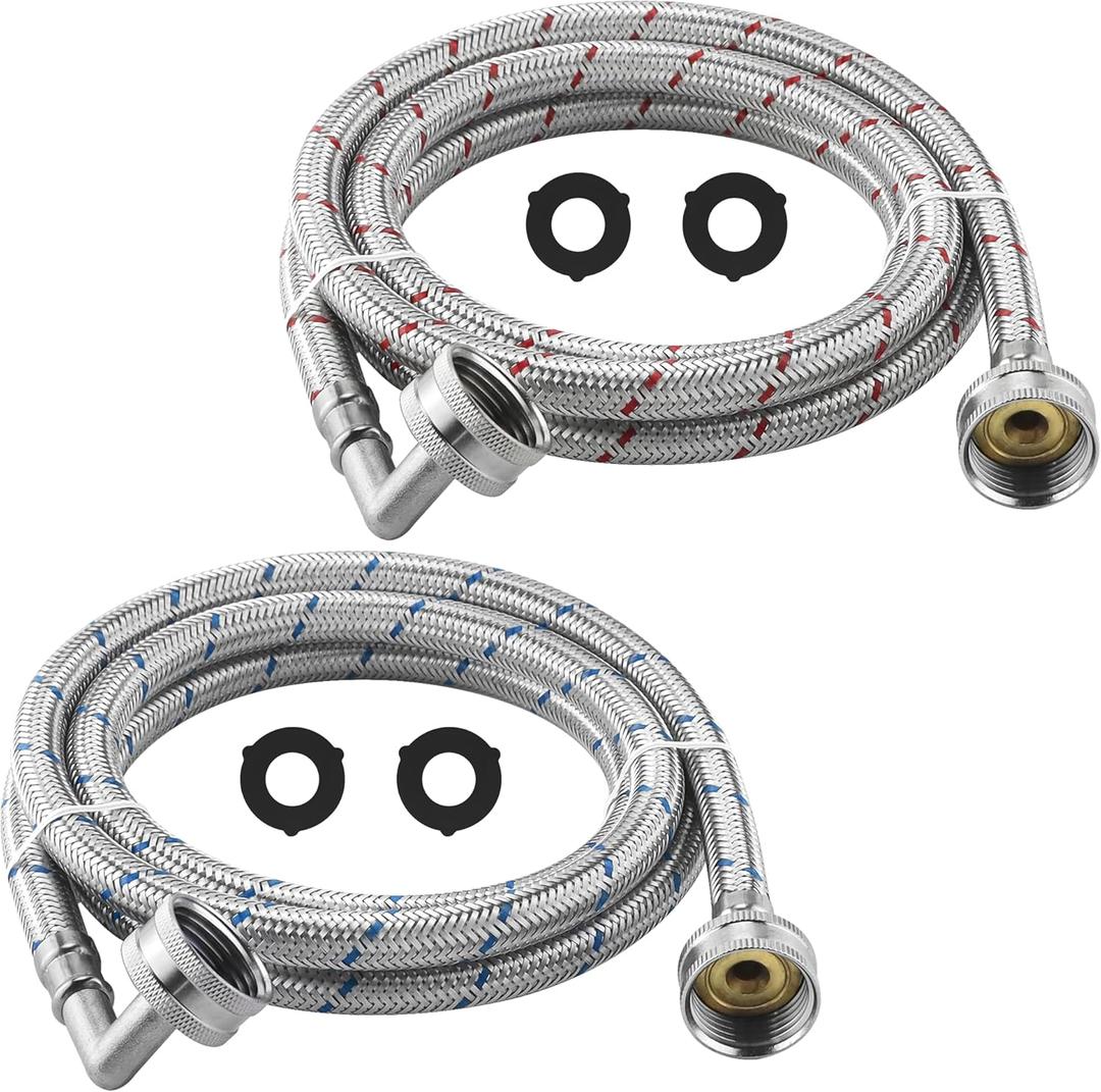 6FT Washer Stainless Steel Hoses with 90 Degree Elbows - Burst Proof 3/4" FHT Standard Thread Hot and Cold Water Connection Inlet Supply Lines by AMI PARTS