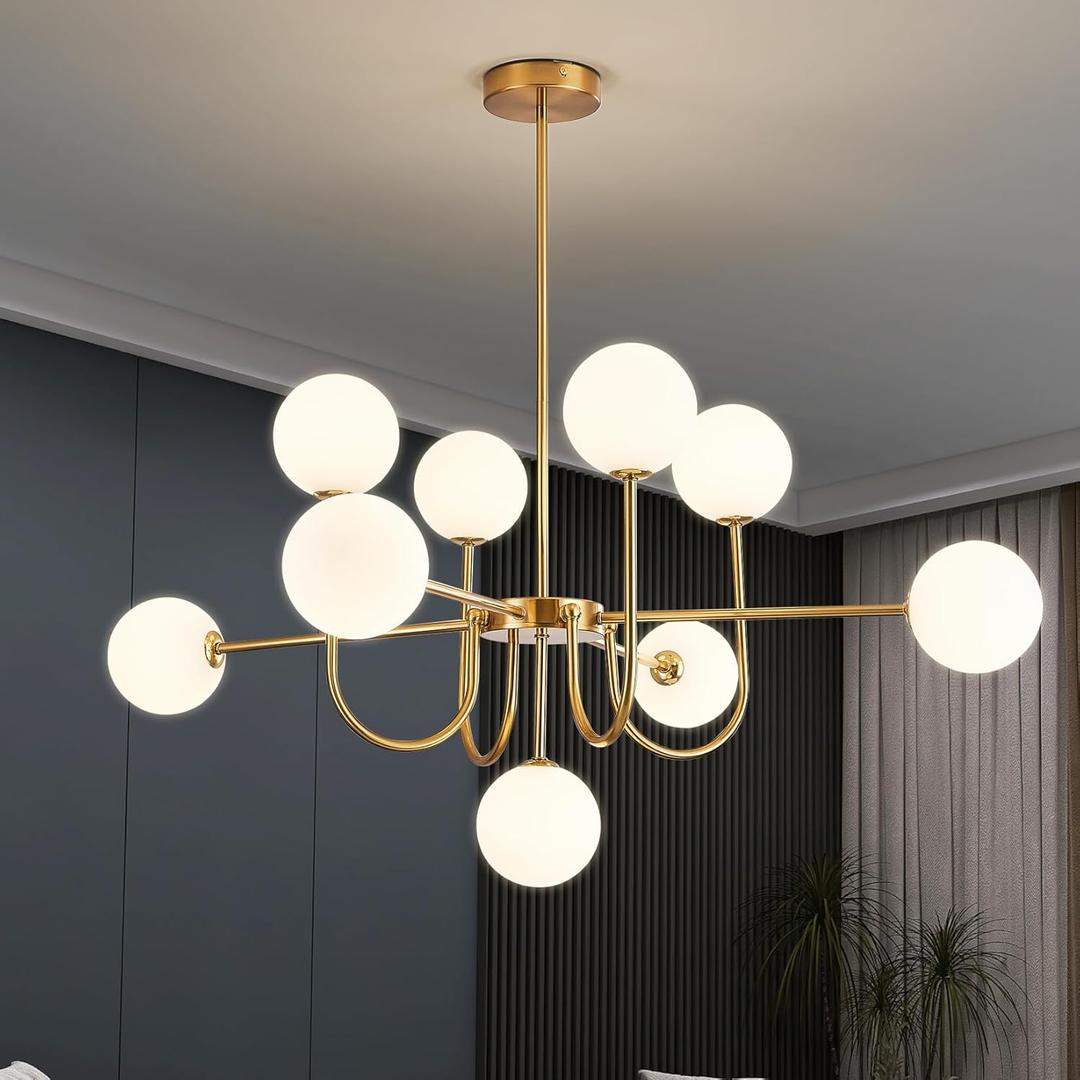 Modern Gold Chandelier 9-Light Sputnik Globe Chandeliers Mid Century Glass Pendant Light Bubble Chandelier Lighting for Dining Room,Kitchen Island,Living Room,Globe Light Fixture. (9 Light, Gold)