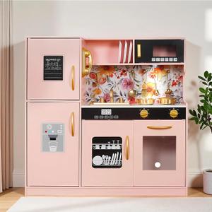 TOUCH US Wooden Play Kitchen Toy Set with Light, Kids Children Pretend Toy Kitchen Playset, Sink Play Toy Oven with Microwave,Toddler Cooking Set Toy for Ages 3+Baby Girls Boys (Pink), 31.2 x 9.44 x 31.49 inches