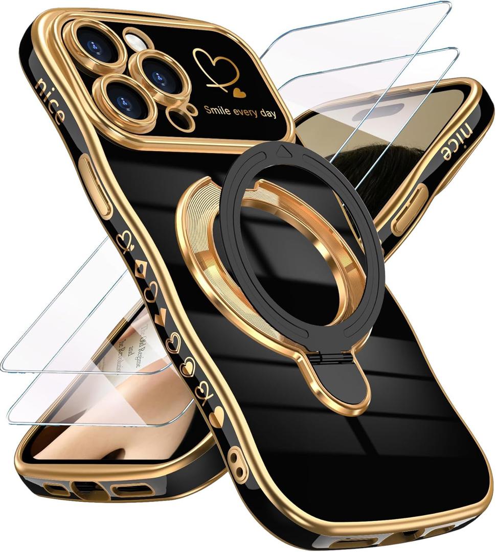 for iPhone 14 Pro Max Case with Screen Protector: Luxury Plated Gold Cute Wavy Edge Love Heart Kickstand Case, Slim Soft TPU Shockproof Protection Cover for iPhone 14 Pro Max (Black)
