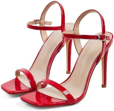 GENSHUO Women's Square Toe Strappy Stiletto Heels,4 Inch Open Toe Heel Sandals Ankle Strap Buckle Sexy High Heeled Prom Party Wedding Daily Wear Dress Shoes, Size: 9.5