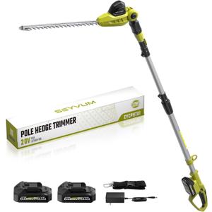 SEYVUM 20V 20 inch Cordless Pole Hedge Trimmer, 9 Feet Reach, Electric Hedge Trimmer with Extension Pole for Shrubs Pruning, Multi-Angle (2 Packs 2.0Ah Batteries and Charger Included)