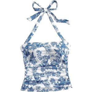  WDIRARA Women's Floral Print Halter Top Ruched Tie Backless Sleeveless Boho Crop Tops (Blue and White), Small