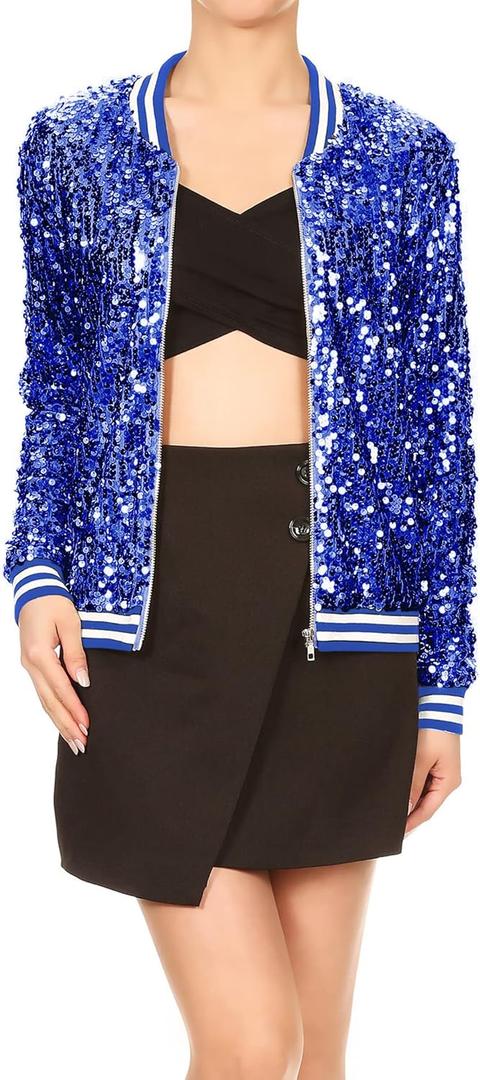 Anna-Kaci Women's Sequin Jacket Bomber Coat 1989 Slitter Outfit For Concert Party (Large, Royal Blue)