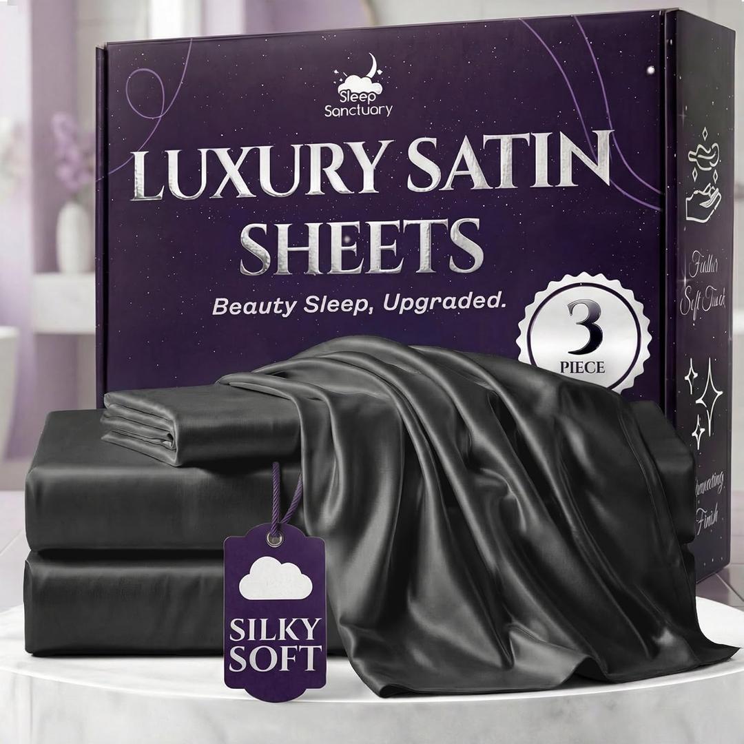 SLEEP SANCTUARY Satin Sheets Twin Size  3 Piece Luxury Silky Bed Set, Softer Than Silk, 15" Deep Pocket, Cooling & Wrinkle-Free, Moisture-Wicking & Breathable for Hair & Skin (Stone Grey)