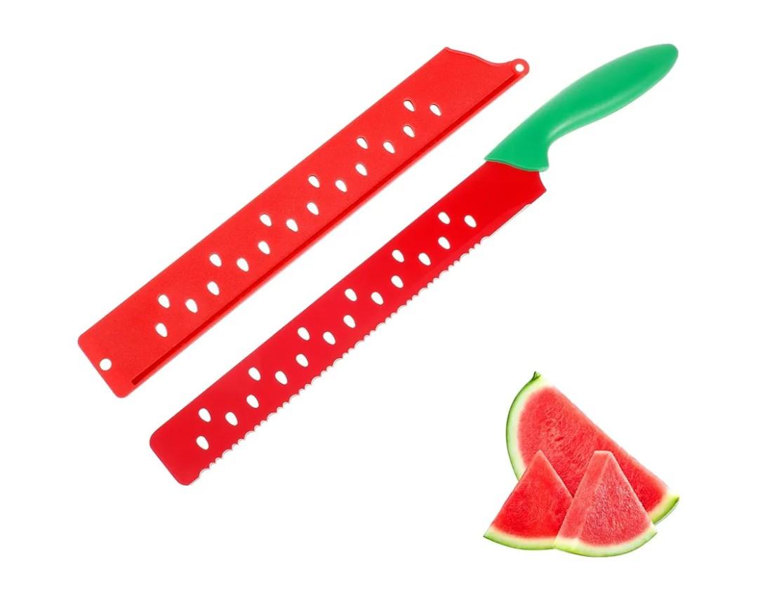 DECHOUS Watermelon Knife with Sleeve: Long Serrated Watermelon Knife for Melon Cutting - Kitchen Fruit Melon Cutter Slicer for Home Summer Party Fruit Serving (Red Green)