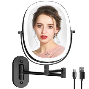FUNTOUCH Wall Mounted Makeup Mirror with Light, Oval Rechargeable Double-Sided 7X/1X Magnifying Mirror, Vanity Mirror Dimmable 3 Color Light, 360° Extension Rotation Foldable 13.5 in