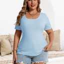 Chulianyouhuo Women's Plus Size Tops Short Sleeve Scoop Neck T Shirts Summer Ribbed Knit Basic Casual Tees Blouse (Blue, XL)