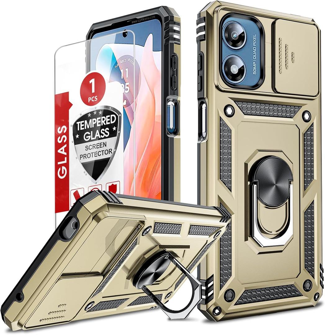 LeYi for Motorola Moto G Play Case 2024, G Play 2024 Case with Slide Camera Cover and Screen Protector, [Military-Grade] Android Cellphone Case Cover with Magnetic Ring Kickstand MotoG Play 2024, Gold