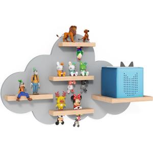 Grey Cloud Tonie Shelf Wall Mounted, Magnetic Floating Shelves for Toniebox, Tonies Characters, Wooden Tonie Storage Shelf for Kids Room
