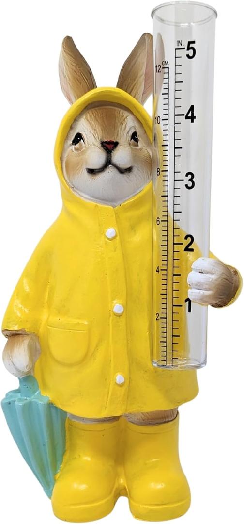 Resin Rabbit Rain Gauge  Adorable Bunny in Yellow Raincoat with Umbrella, Charming Outdoor Dcor for Garden, Yard, Cabin, or Patio, Wildlife Rain Measurement Tool, Great Gift for Gardeners