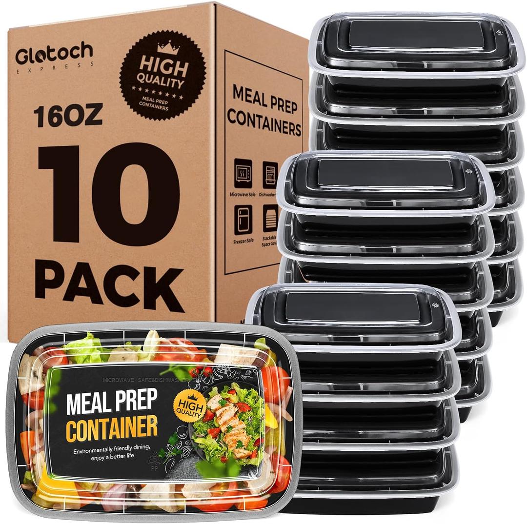 Glotoch 20-Piece (10-Pack) 16 OZ Meal Prep Containers Reusable with Lids, Sturdy Leakproof & Food Safe, Microwave, Freezer, Dishwasher Safe To Go Food Containers, Plastic Take Out Containers, Black
