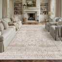 8x10 Washable Area Rug Beige Vintage Non Slip Soft Low Pile Rug for Living Room Bedroom Dining Room Office Distressed Oriental Indoor Large Throw Carpet for Home Decor