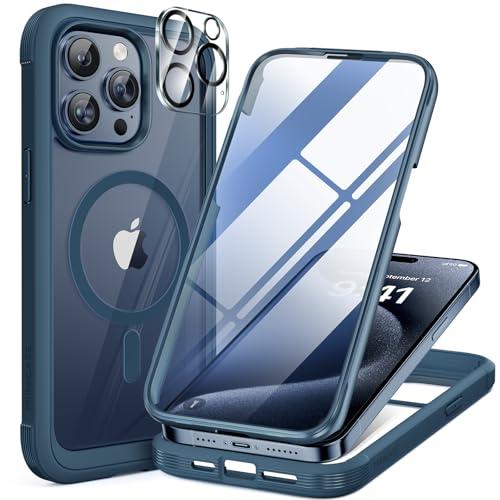 Miracase Magnetic for iPhone 15 Pro Case [Compatible with MagSafe] Full-Body Phone case with Built-in Glass Screen Protector& Camera Protector, Military Drop Proof 15 Pro Cover 6.1 inch, Storm Blue