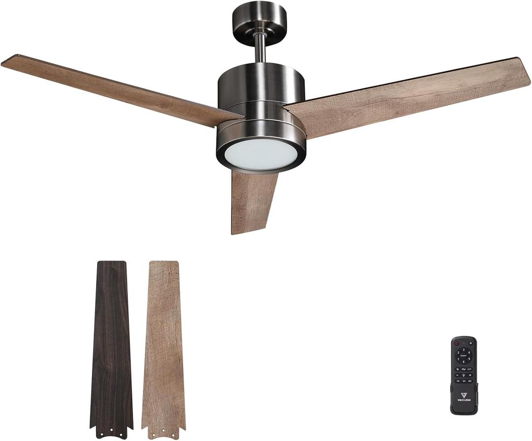 52 Inch Ceiling Fan Brushed Nickel Remote Controlled Dimmable Light Combo - Quiet Reversible - 3 Blades