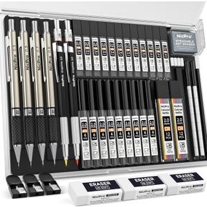 Nicpro 37PCS Art Mechanical Pencil Set, 4PCS Metal Drafting Pencil 0.3mm, 0.5 mm, 0.7 mm, 0.9 mm & 2PCS 2mm Lead Holder (6B 4B 2B HB 2H 4H Colors) For Sketching Drawing With 23 Tube Lead Refills Case (Black)
