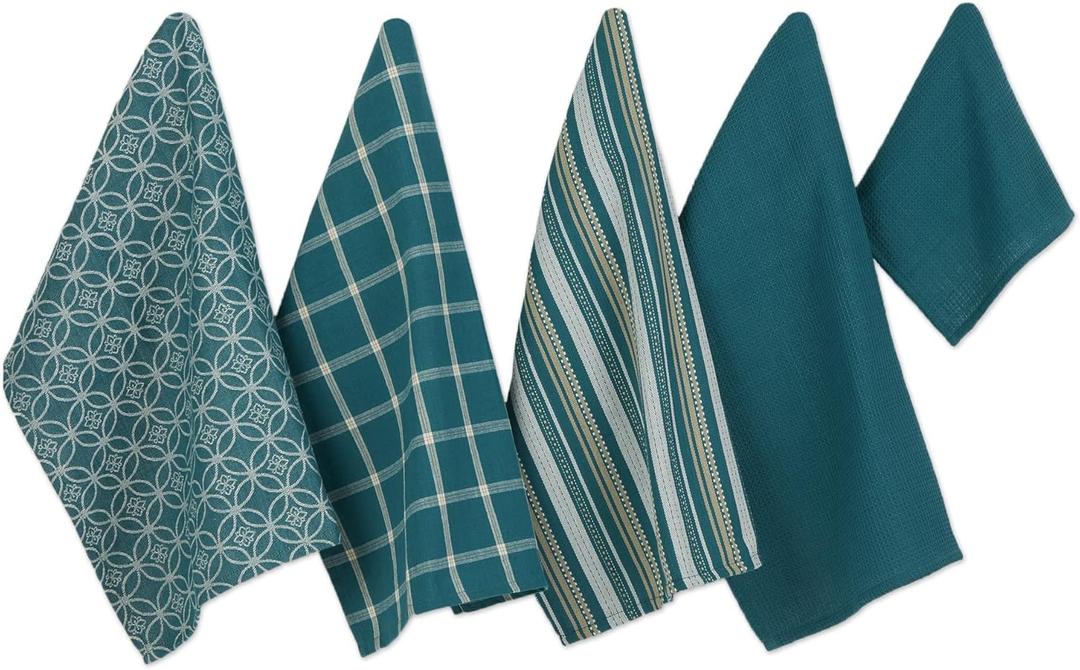 DII Assorted Woven Kitchen Set, Dishtowel, 18x28, Dishcloth, 13x13, Teal, 5 Piece