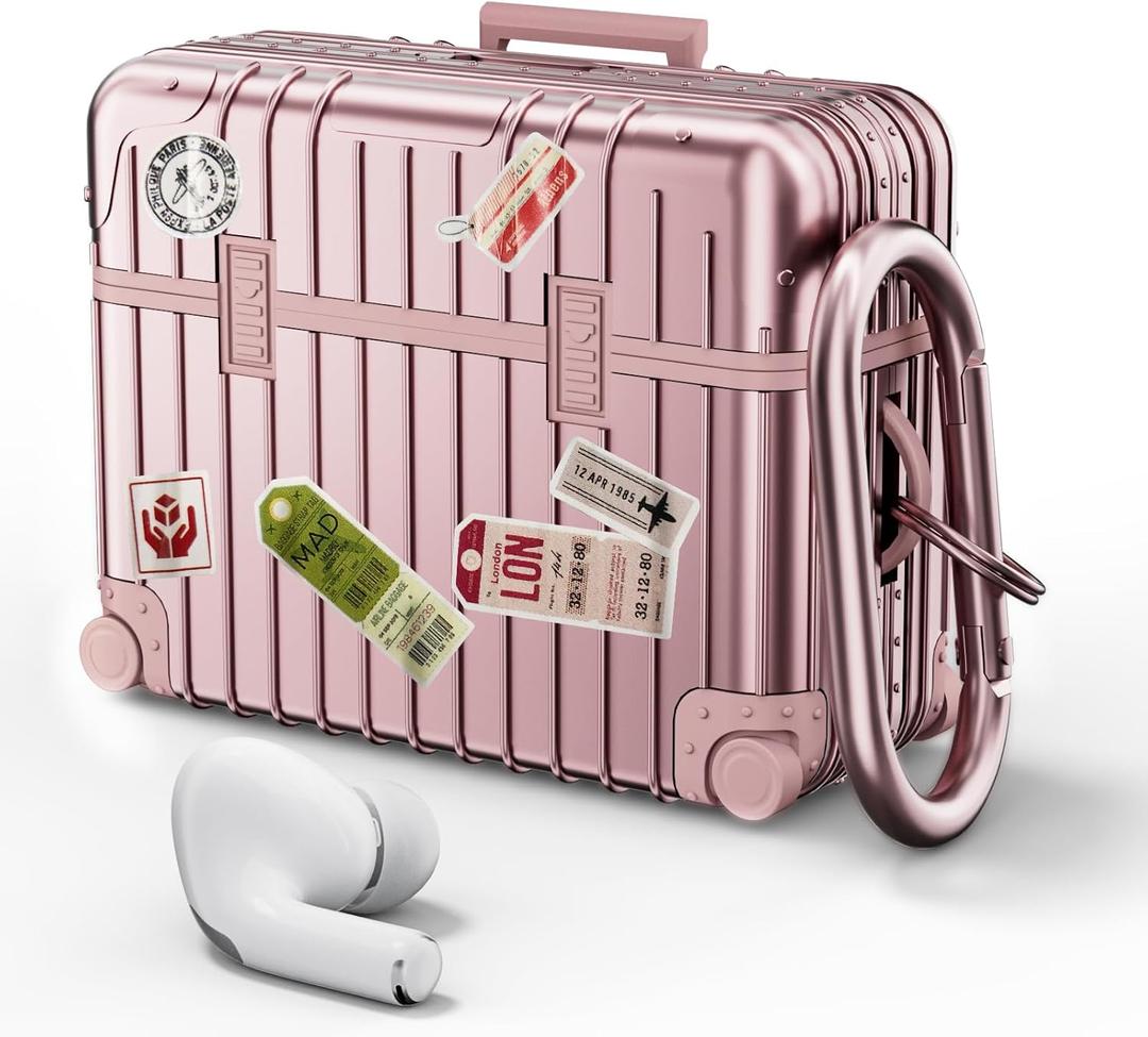 KOREDA Compatible with AirPods Pro 2nd/1st Generation Case Cover, Cute Funny Suitcase Design Case for Airpods Pro 2nd/1st Gen, Fashion Protective Hard Case for Women Men with Keychain (B-Rose Gold)