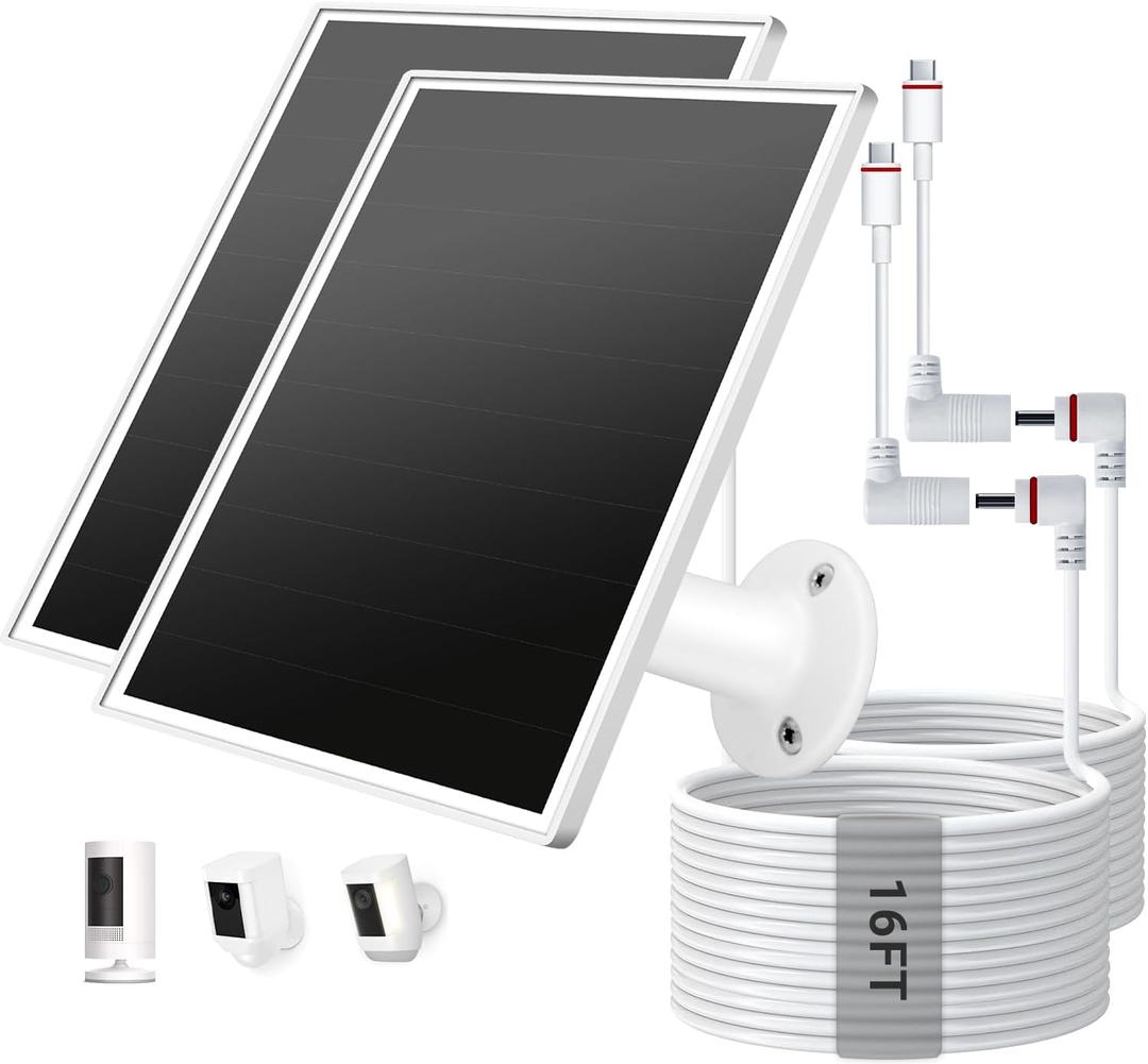 2 Pack Solar Panel for Ring Camera, 6W Solar Charger with USB-C & Barrel Plug for Ring Stick Up Pro/Plus & Spotlight Cam Battery Series, Waterproof, 16ft Cable (White)