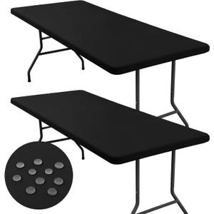 homing 2 Pack Rectangle Fully Waterproof Tablecloth, Elastic Fitted Fabric Table Cover for 6 Foot Tables, Washable Polyester Table Cloth for Picnic, Camping, Outdoor (Black, 30" x 72")