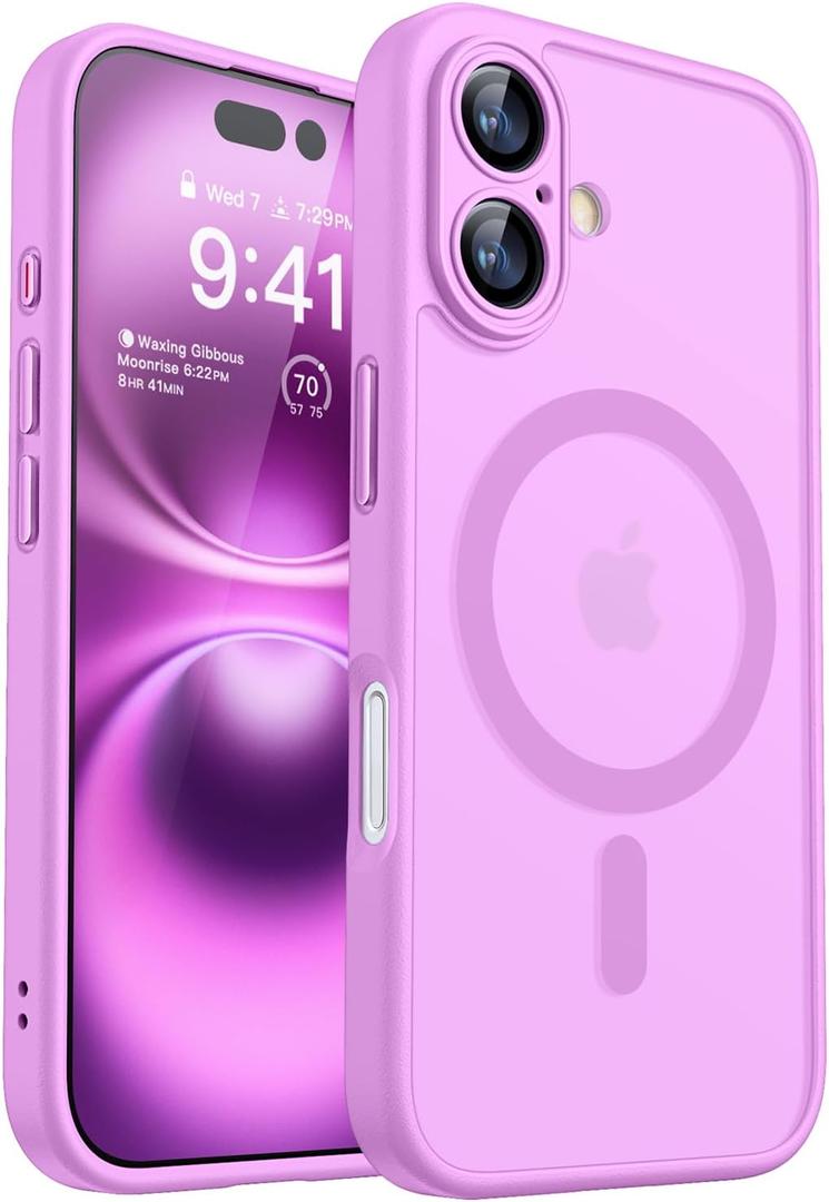 CANSHN Magnetic for iPhone 16 Case, Upgraded [Full Camera Protection] [Compatible with Magsafe] [Translucent Matte] Shockproof Protective Phone Case for iPhone 16 - Pinkish Purple