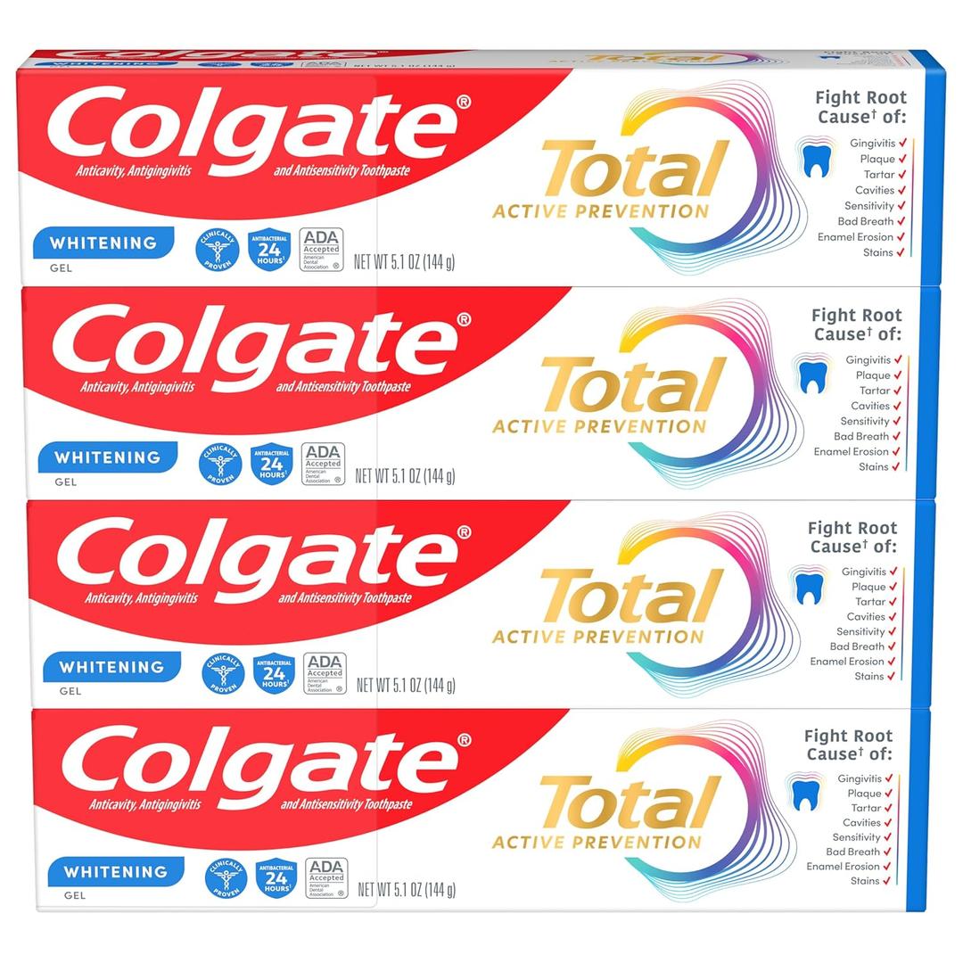 Colgate Total Active Prevention Whitening Gel Toothpaste with Fluoride, Bulk with Clinically Proven Formula That Fights Plaque Bacteria, Mint, 4 Pack, 5.1 oz BBD: 03/2027
