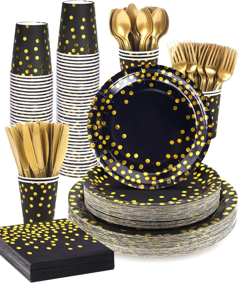 Lzerking 364 PCS Black and Gold Party Supplies, 52 Sets of Disposable Dinnerware Includes Paper Plates Cups Napkins, Plastic Knives Forks Spoons, Ideal for Birthday Graduation Wedding Festivals