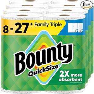 Bounty Quick-Size Paper Towels, White, 8 Family Triple Rolls = 27 Regular Rolls