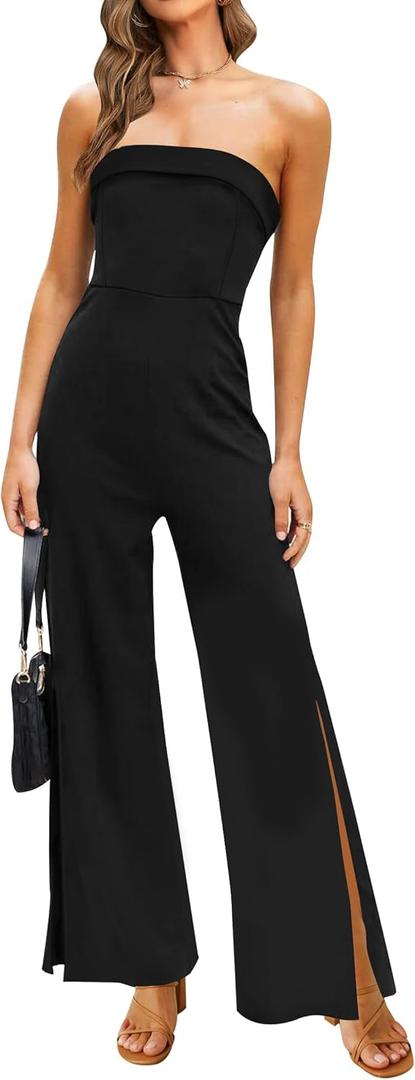 ZESICA Women's Strapless Jumpsuit Casual Off Shoulder High Waist Wide Leg Side Slit Long Romper Playsuits with Pockets (Medium, Black)