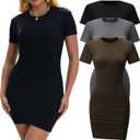 3 Pack Summer Dresses for Women Crew Neck Short Sleeve T Shirt Dress Basic Ribbed Bodycon Mini Dress (Medium, Black/Gray/Coffee1)