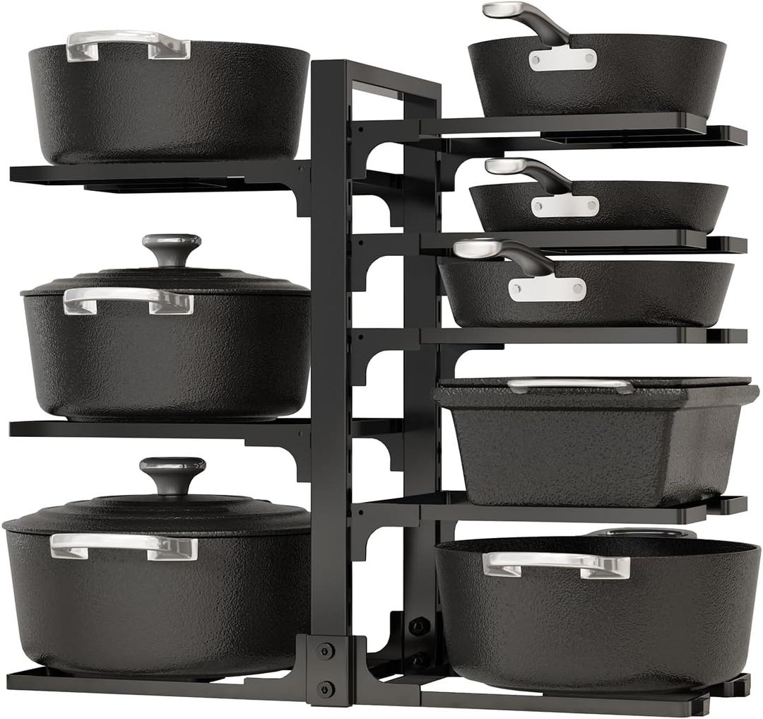 Adjustable Pots and Pans Organizer Under Cabinet, 8-Tier Pot and Pan Organizers Inside Cabinet, Kitchen Cabinet Organizers and Storage, Black (Regular)