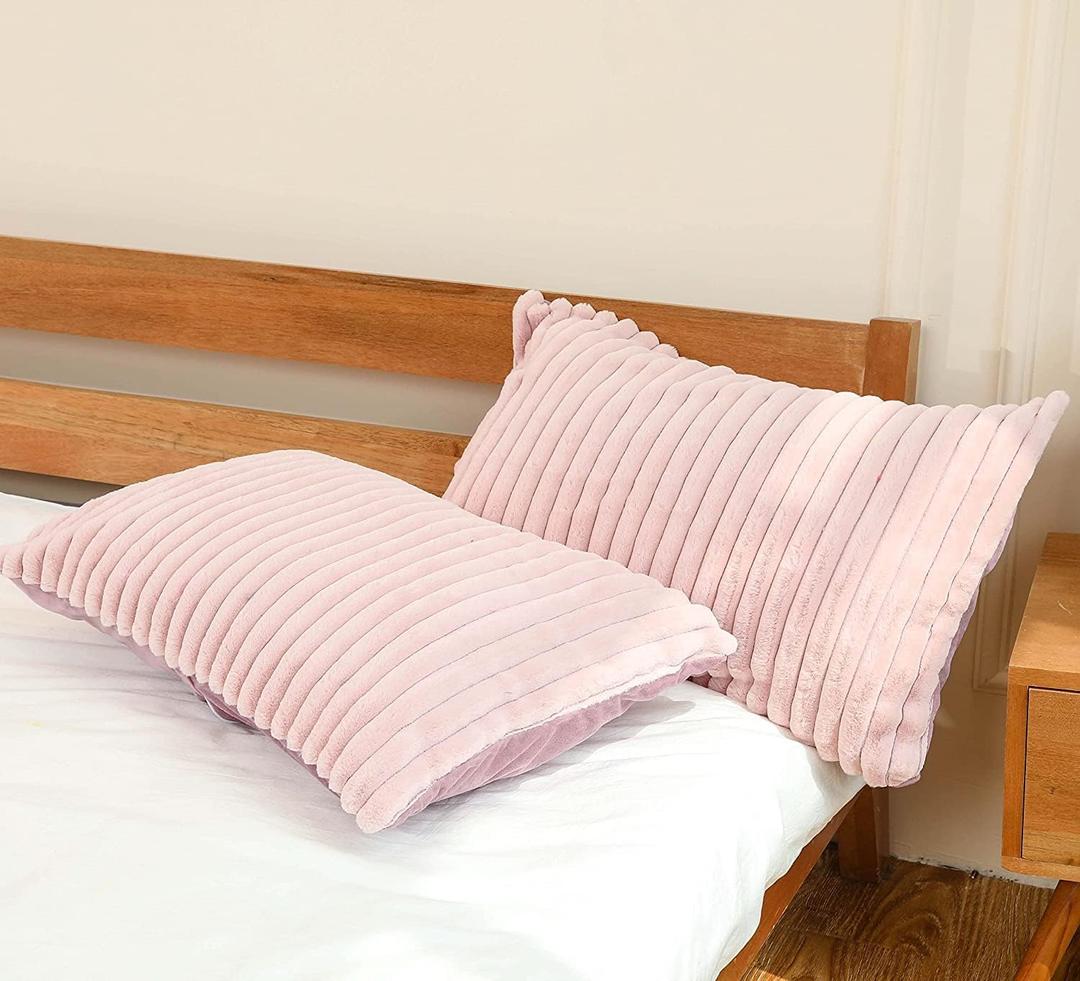 Faux Fur Striped Throw Pillow Covers Set of 2 Ultra Soft Shaggy Plush Pillow Cases Standard/Queen Size Decorative Fluffy Pillowcases Pillow Shams with Zipper Closure(Standard,Blush Pink)