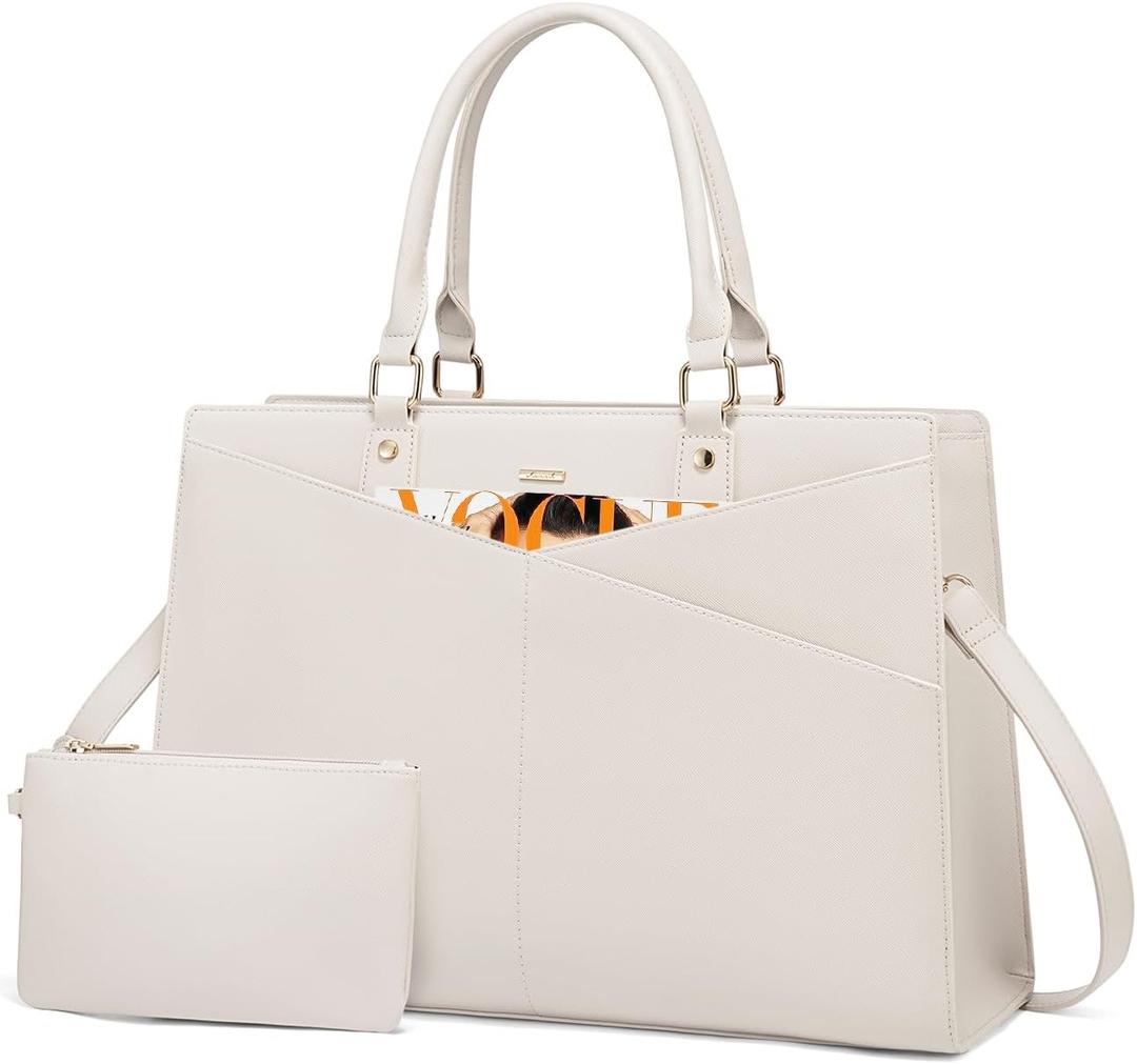 LOVEVOOK Laptop Bag for Women 15.6 Inch, Waterproof Leather Tote Bag with Elegant Clutch & Adjustable Strap, Work Briefcase for Office & Commute, Beige