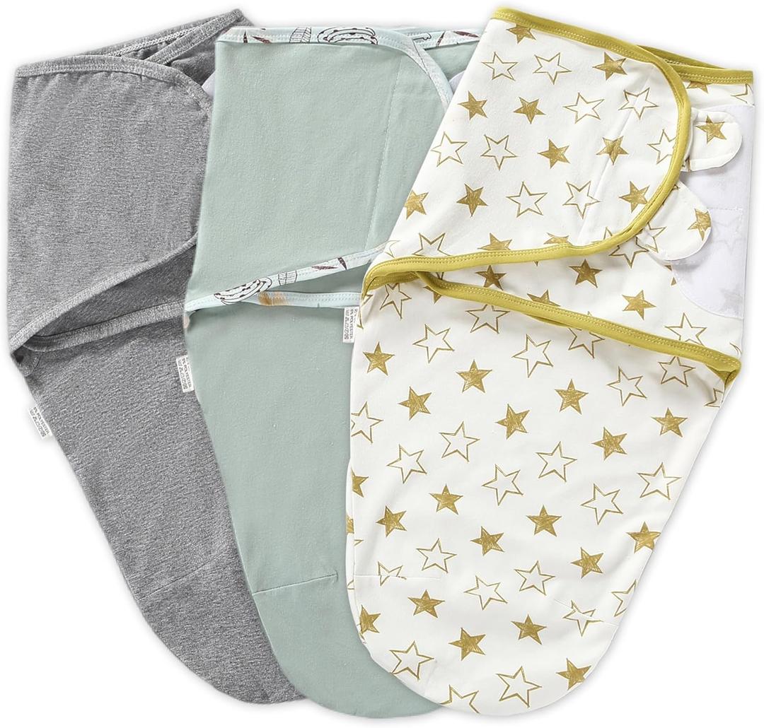 Baby Swaddle Warp Adjustable 3 Pack100% Cotton Newborn Swaddle Blanket for Boy Girl (0-3 Months, Green Stars)
