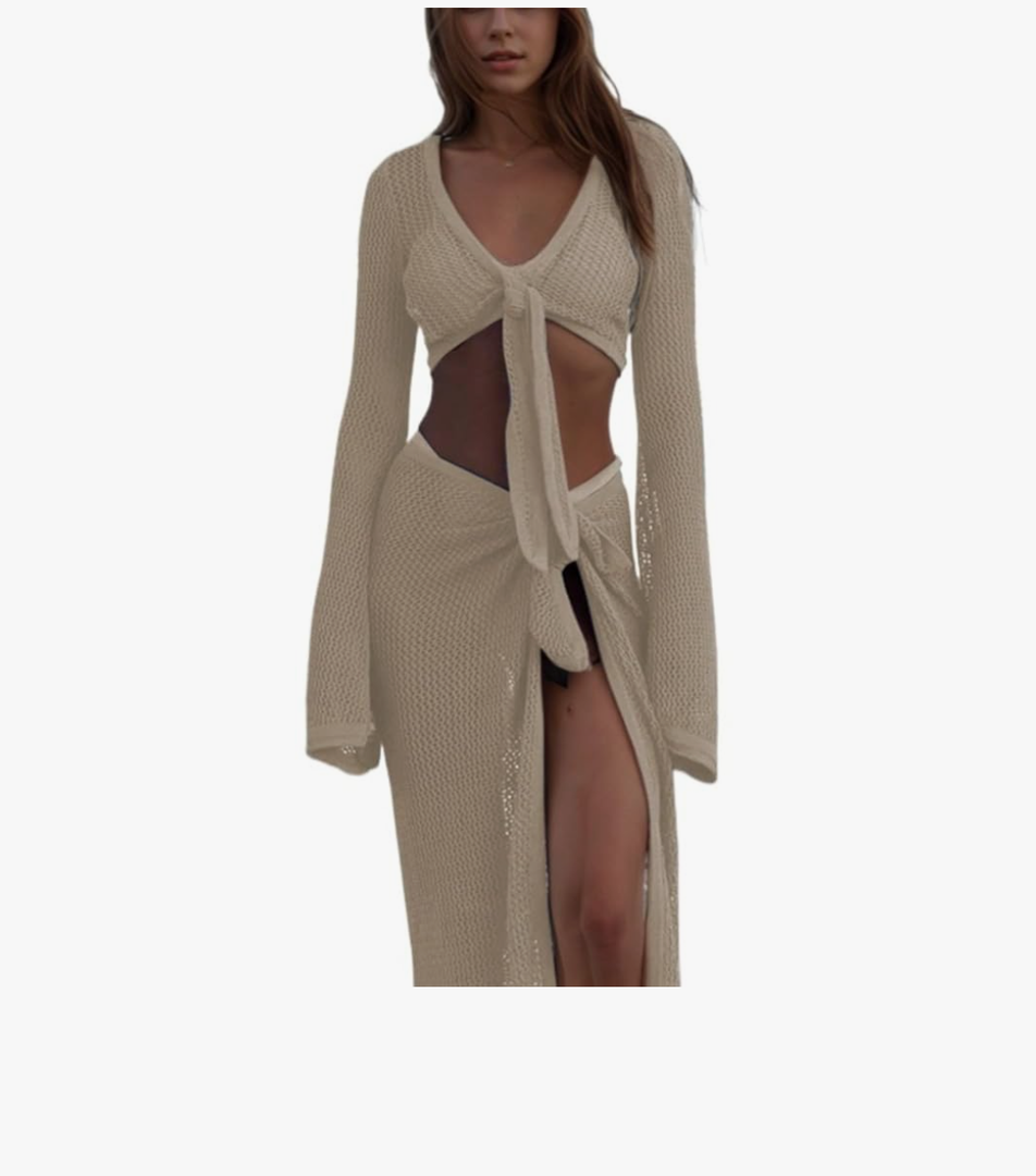 Crochet Two Piece Set Coverups Crop V Neck Long Sleeve Shirt Hollow Out Split Wrap Skirt Sexy Beach Sets Small